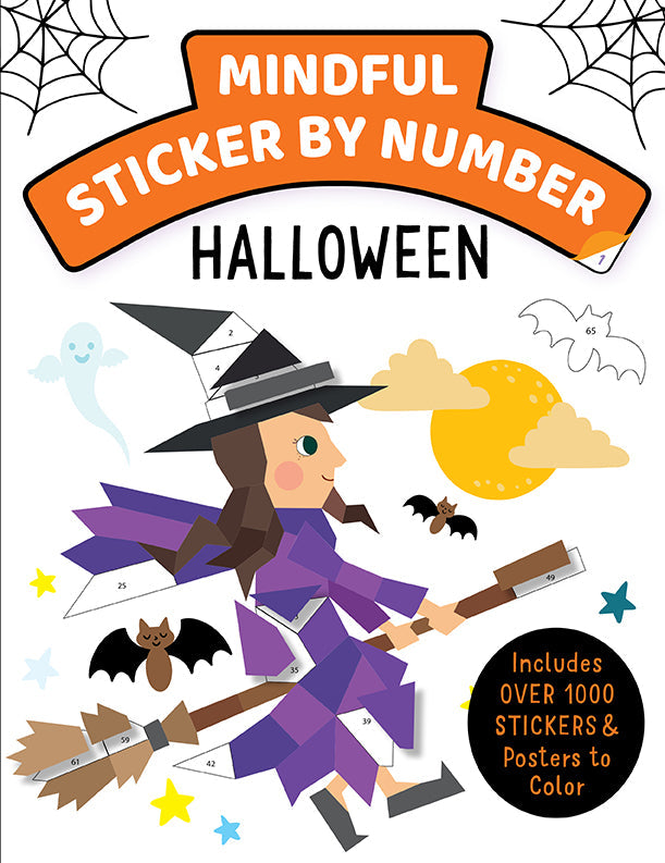 Softcover Mindful Sticker By Number Halloween book with festive stickers and illustrations for mindfulness and creative fun.