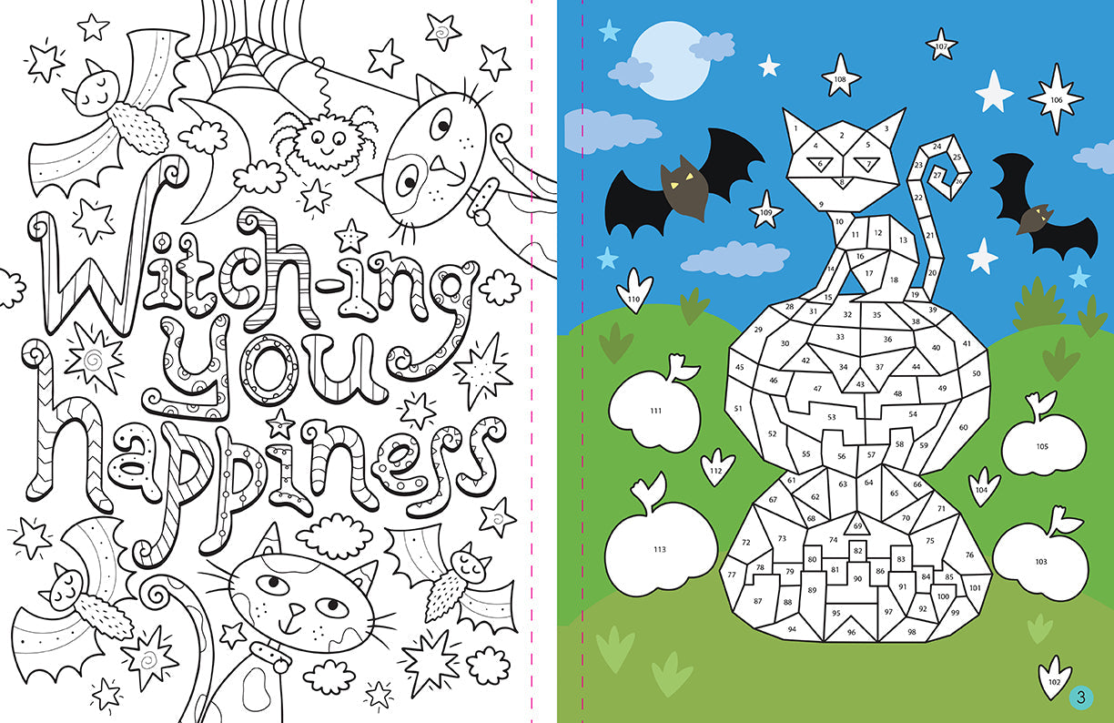 Inside view of the softcover Mindful Sticker By Number Halloween activity book by Insight Editions with colorful pages and stickers.