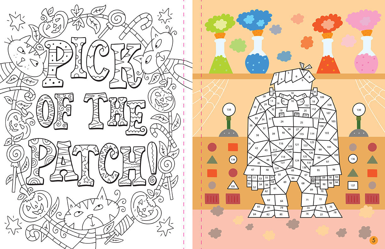 Inside view of the softcover Mindful Sticker By Number: Halloween book showing colorful pages and sticker templates by Insight Editions.
