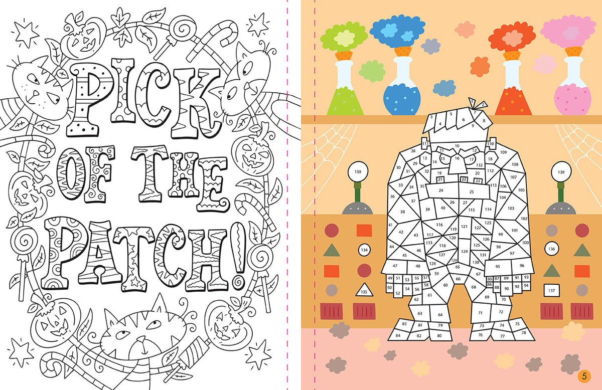 Inside view of the softcover Mindful Sticker By Number: Halloween book showing colorful pages and sticker templates by Insight Editions.