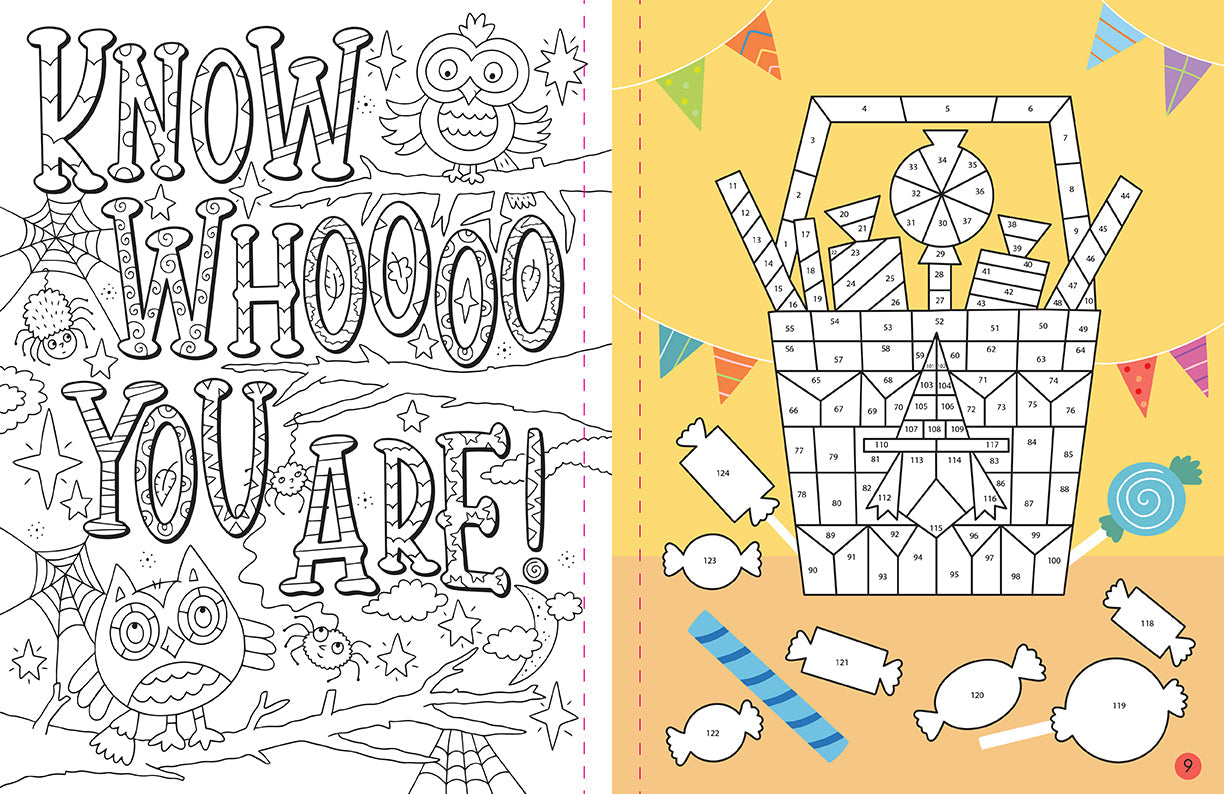 Inside page of Insight Editions' Halloween Mindful Sticker By Number softcover book with colorful sticker designs and mindful activity illustrations.