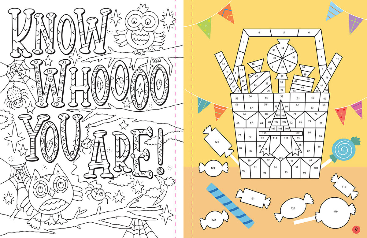 Inside page of Insight Editions' Halloween Mindful Sticker By Number softcover book with colorful sticker designs and mindful activity illustrations.