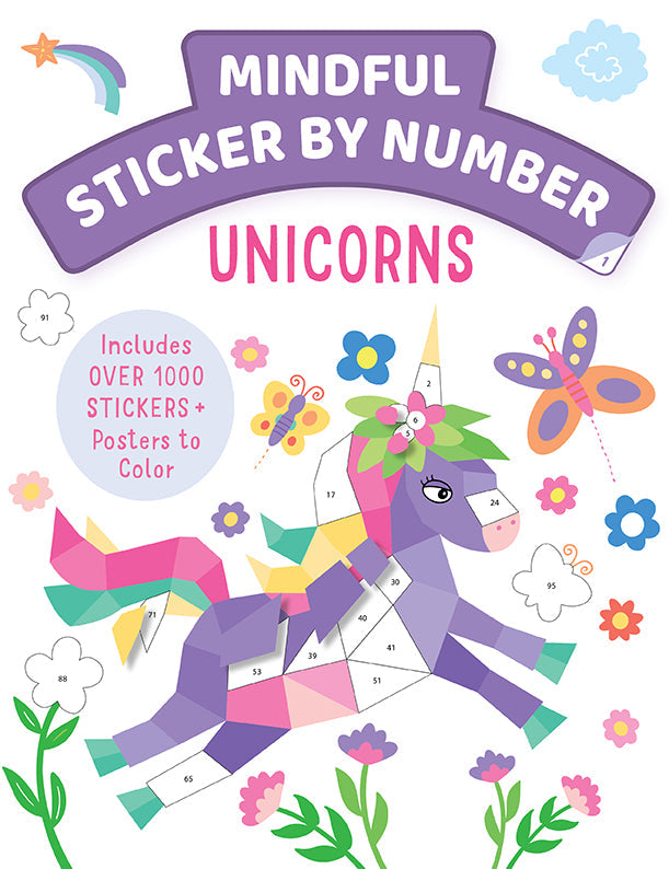 Softcover Mindful Sticker By Number book featuring colorful unicorn illustrations by Insight Editions.
