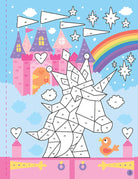 Softcover mindfulness sticker by number book featuring colorful unicorn illustrations for relaxation and creative activity.