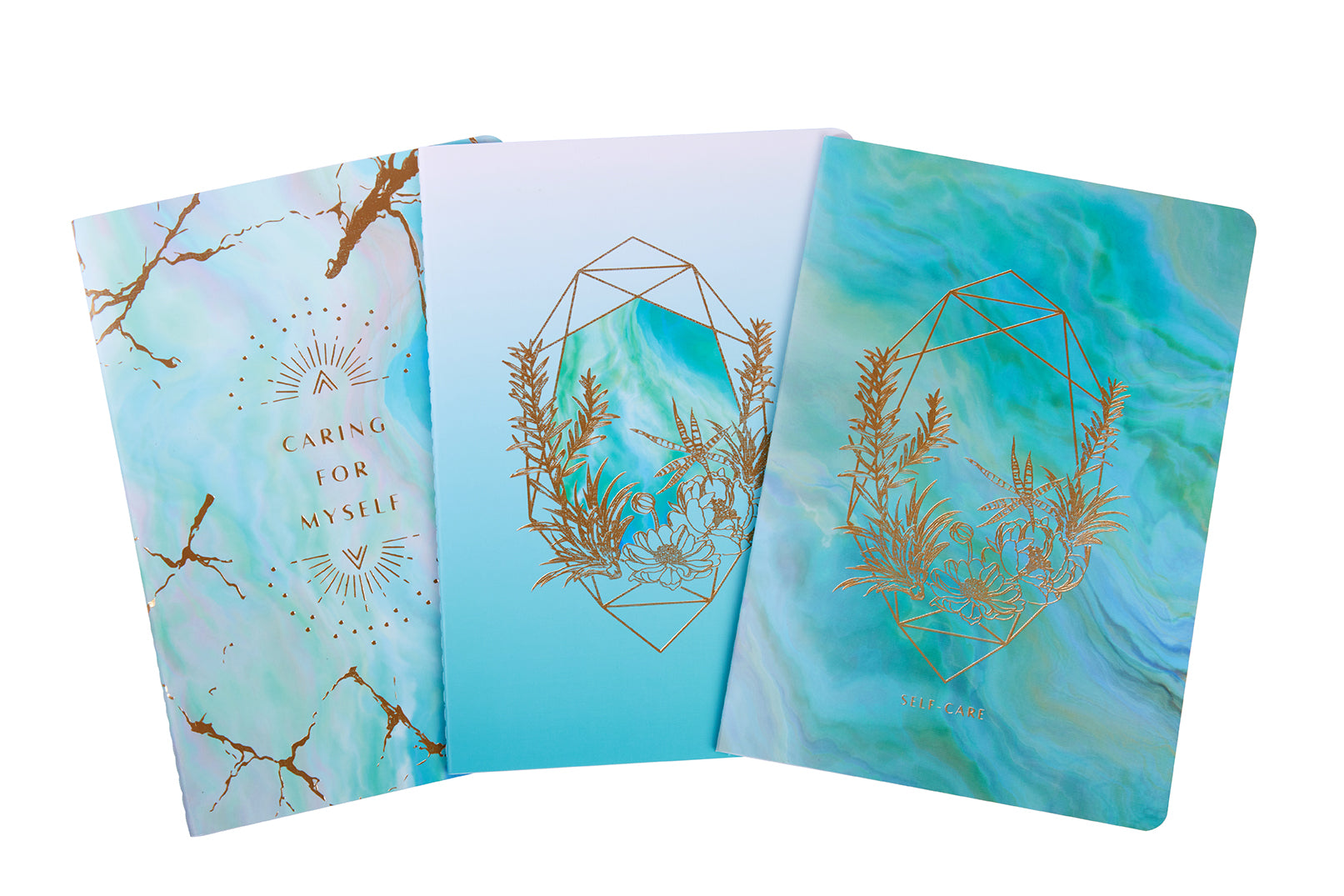 Set of three Insight Editions softcover sewn notebooks from the Self-Care Collection with colorful, calming covers.