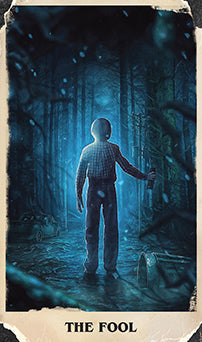 Interior of Stranger Things Tarot Deck and Guidebook by Insight Editions, softcover, featuring illustrated tarot cards and guide pages.