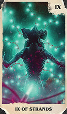 Interior of the Stranger Things Tarot Deck and Guidebook softcover by Insight Editions, showing illustrated tarot cards and guide pages.