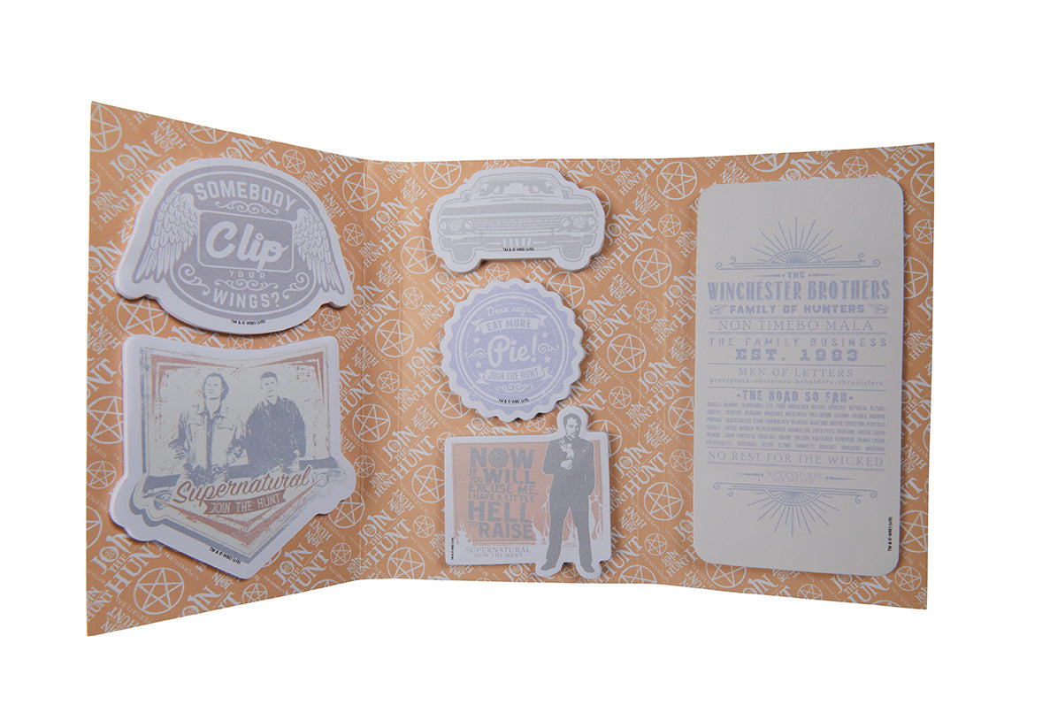 Interior of Insight Editions Supernatural Sticky Note Collection softcover with assorted themed sticky notes and vibrant designs.