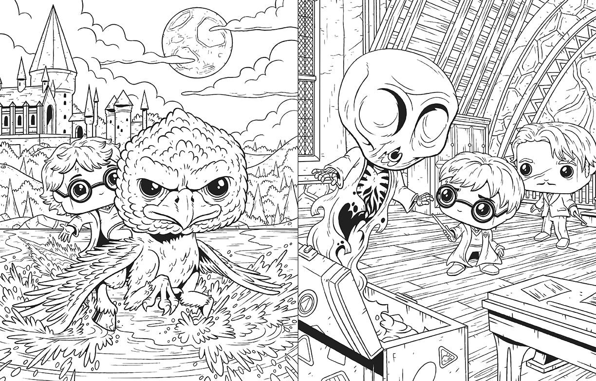Inside view of the softcover Harry Potter coloring book by Insight Editions, featuring magical illustrations for coloring.
