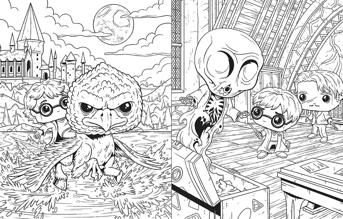 Inside view of the softcover Harry Potter coloring book by Insight Editions, featuring magical illustrations for coloring.