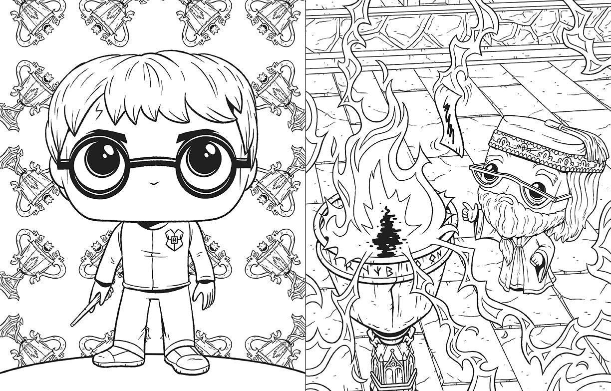 Inside pages of the Insight Editions Harry Potter coloring book featuring detailed illustrations for coloring.