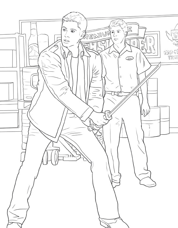 Interior page of The Official Supernatural Coloring Book by Insight Editions, featuring detailed illustrations for coloring.