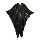 Black sequin caftan dress by Jennafer Grace featuring a flowy design and shimmering sequin embellishments.