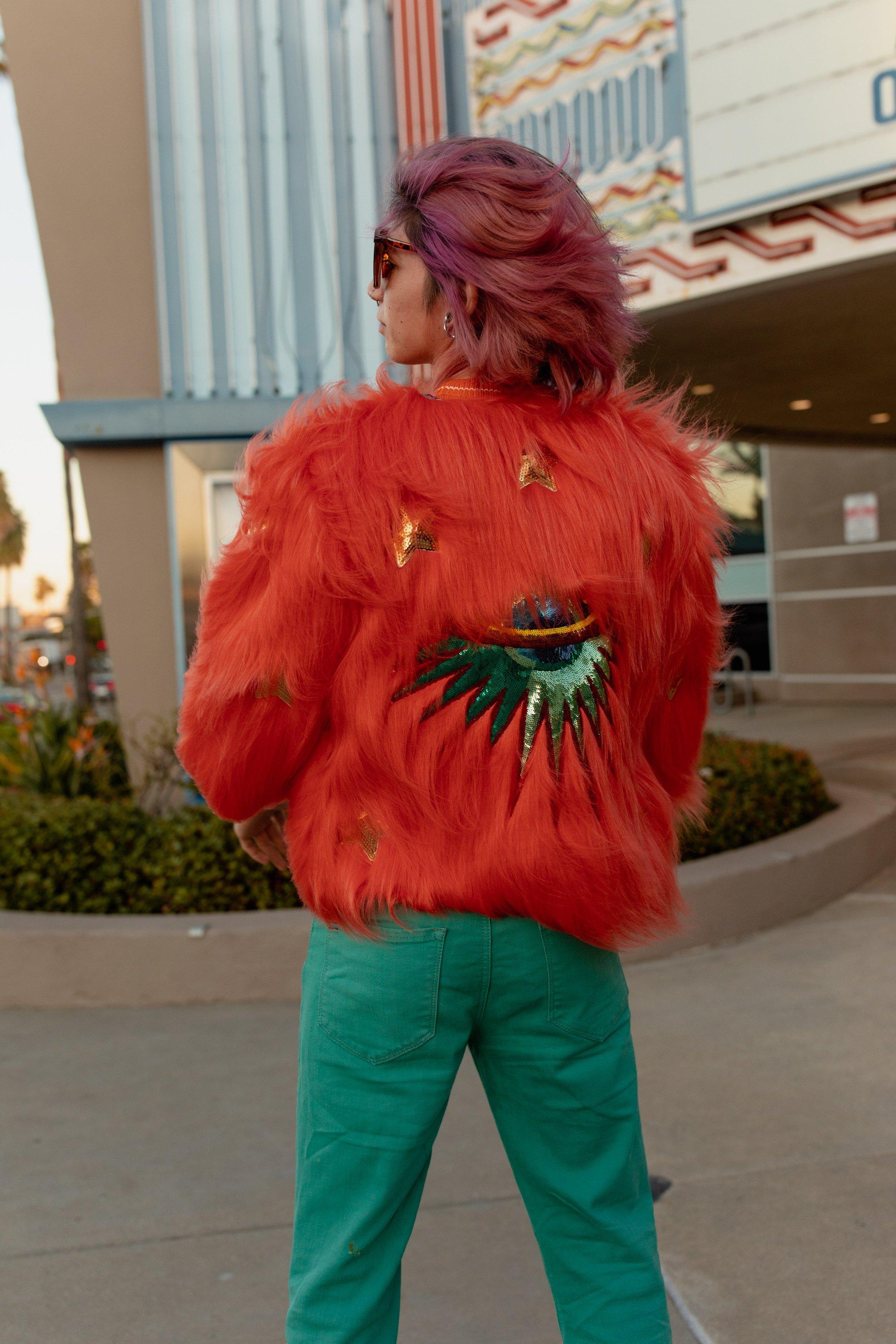 Jennafer Grace Planet Queen orange faux fur jacket with plush texture and cozy style, handmade fashion outerwear.