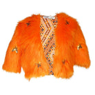 Jennafer Grace Planet Queen orange faux fur jacket with plush texture and stylish design, shown on a hanger.
