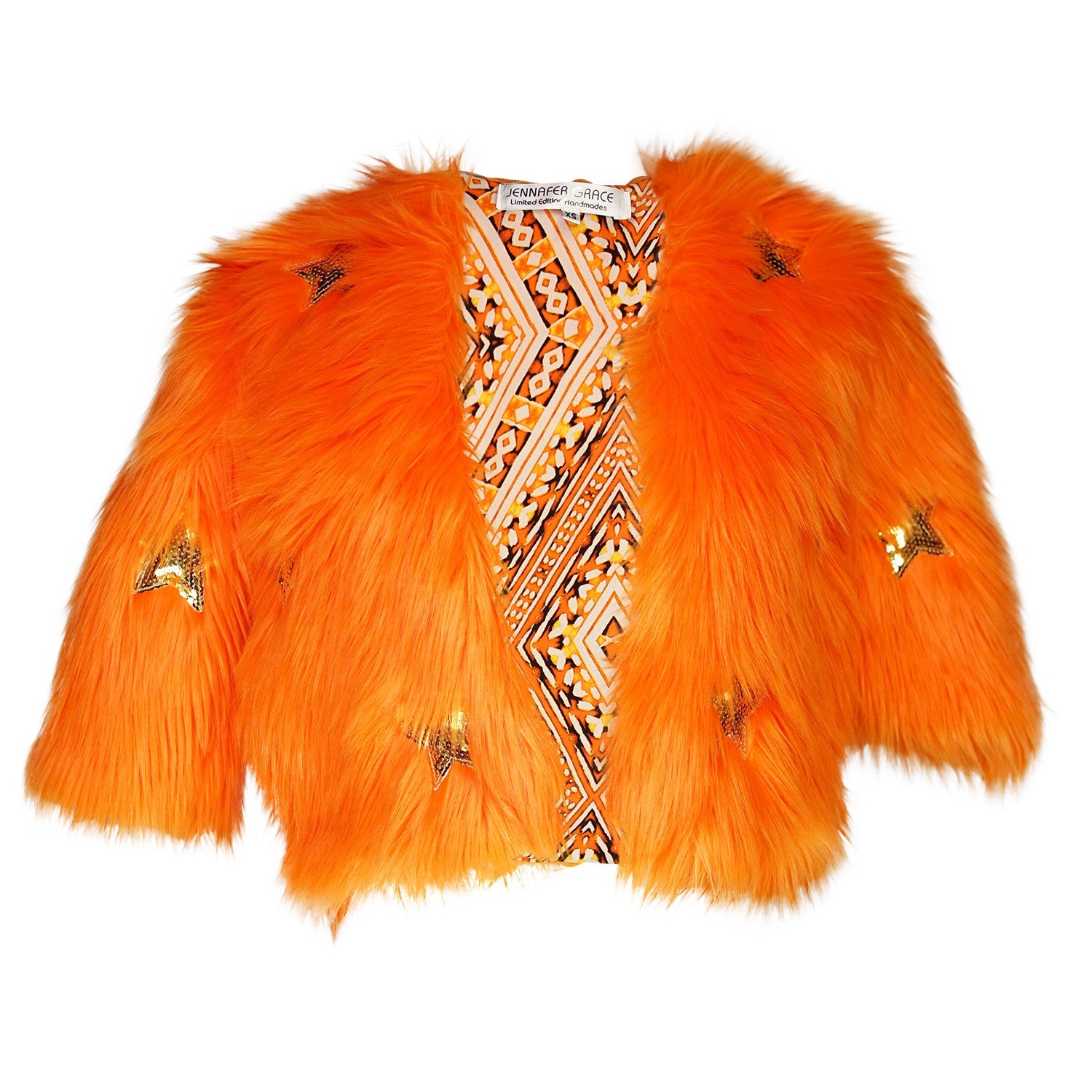 Jennafer Grace Planet Queen orange faux fur jacket with plush texture and stylish design, shown on a hanger.