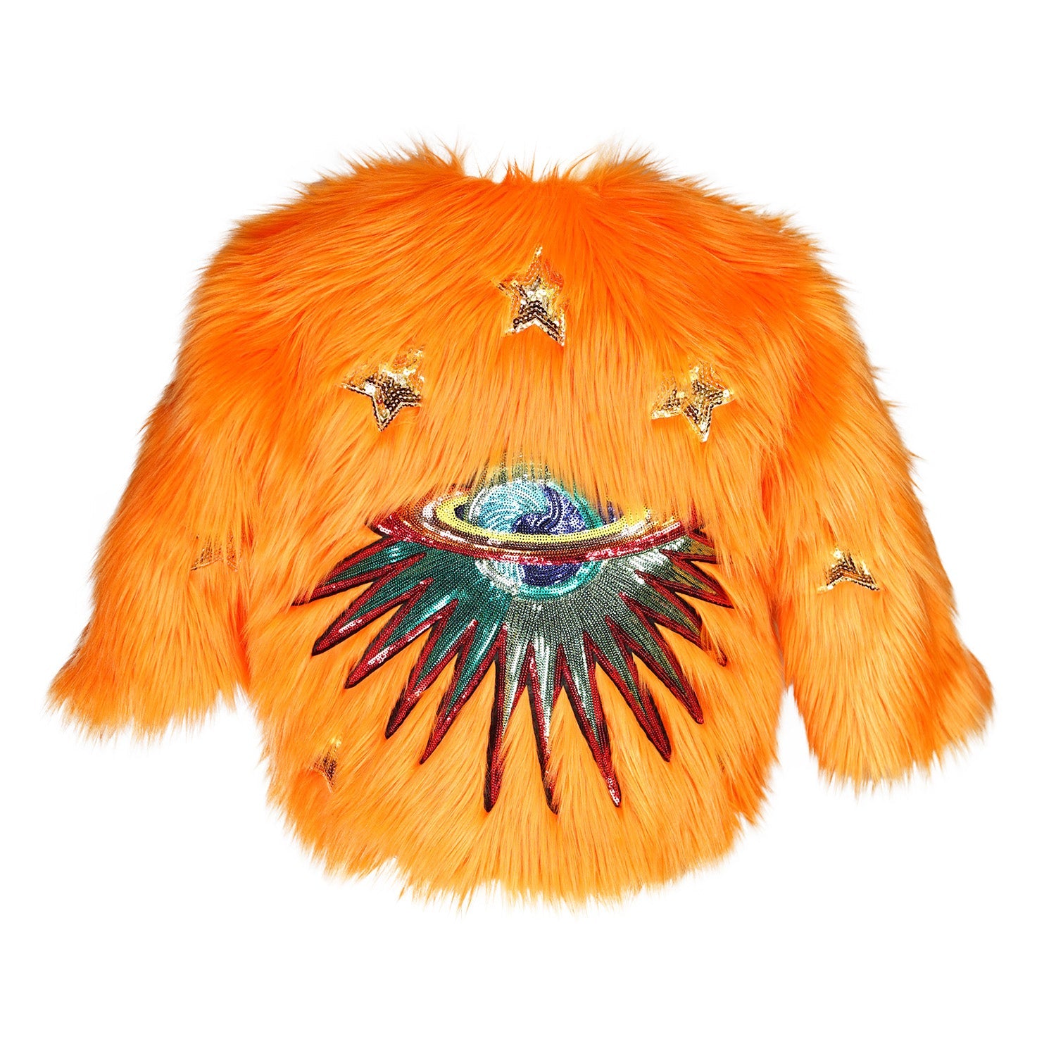Jennafer Grace Planet Queen orange faux fur jacket with plush texture and stylish collar, displayed on a hanger.