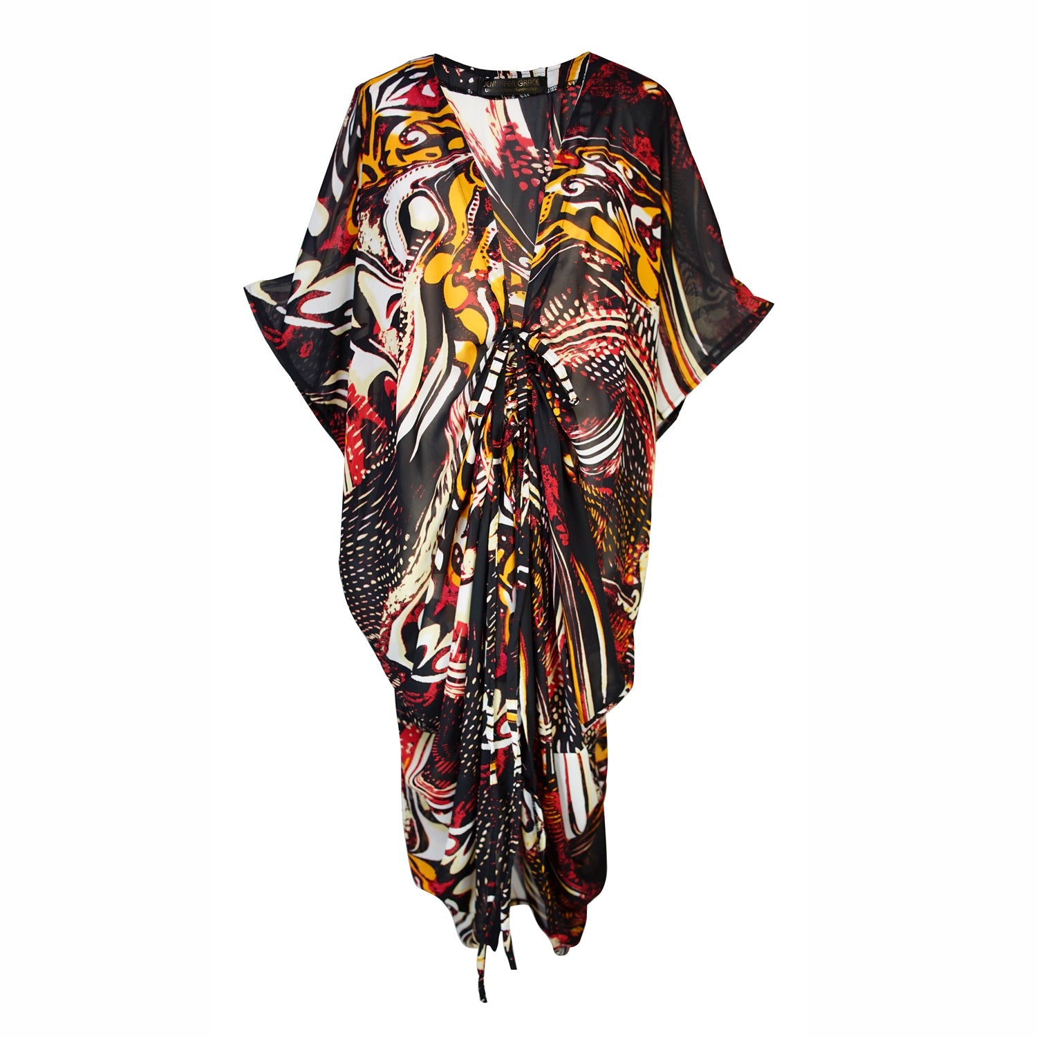 Jennafer Grace Actius Caftan in vibrant rouge, featuring flowing fabric and elegant design, perfect for stylish beach or resort wear.