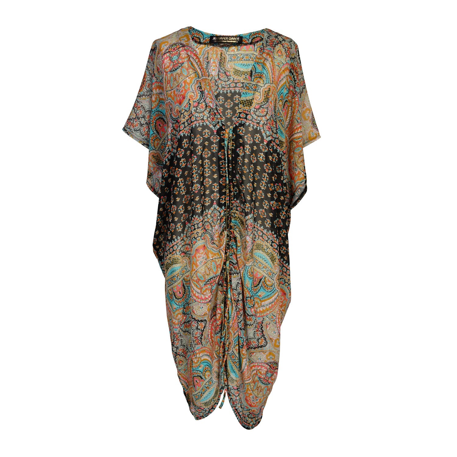 Jennafer Grace Actius Caftan Dress in Taj, flowing kaftan with intricate patterns, featuring long sleeves and elegant design.