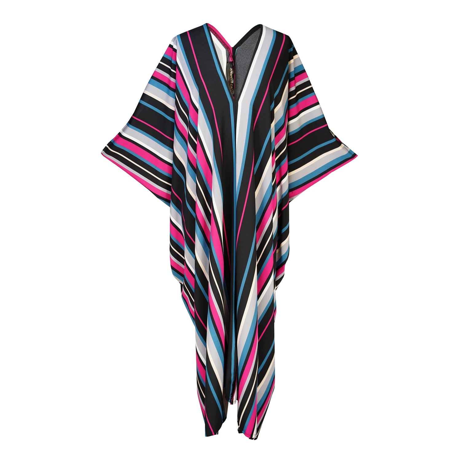 Raspberry stripe Jennafer Grace kaftan dress with flowing fabric and relaxed fit, showcased flat on a white background.
