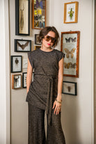 Jennafer Grace Aura Gold lounge set featuring a tunic and matching palazzo pants in a luxurious gold fabric.