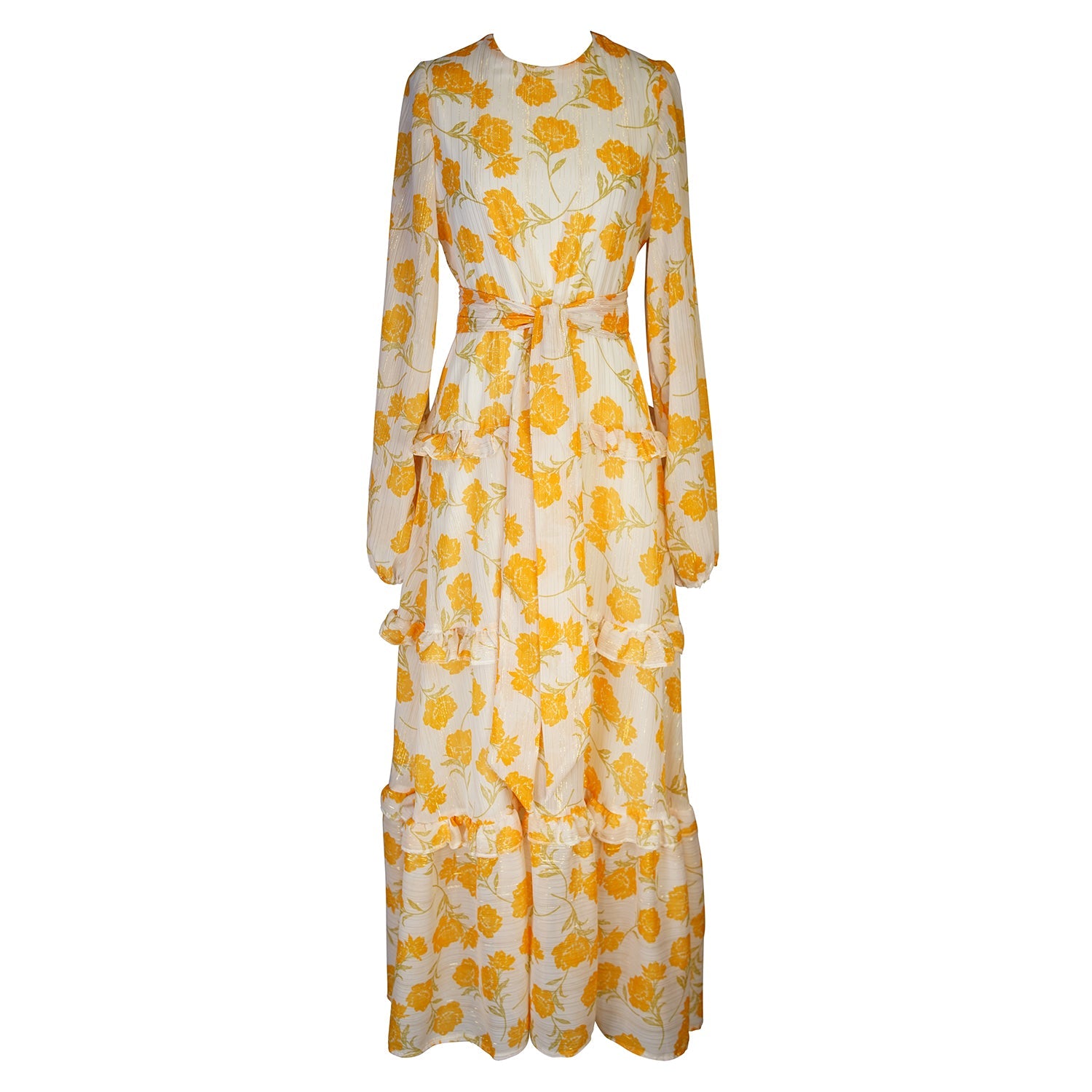 Jennafer Grace Amarillo Love Maxi Dress displayed flat, showcasing the flowy yellow fabric, V-neckline, and sleeveless design.