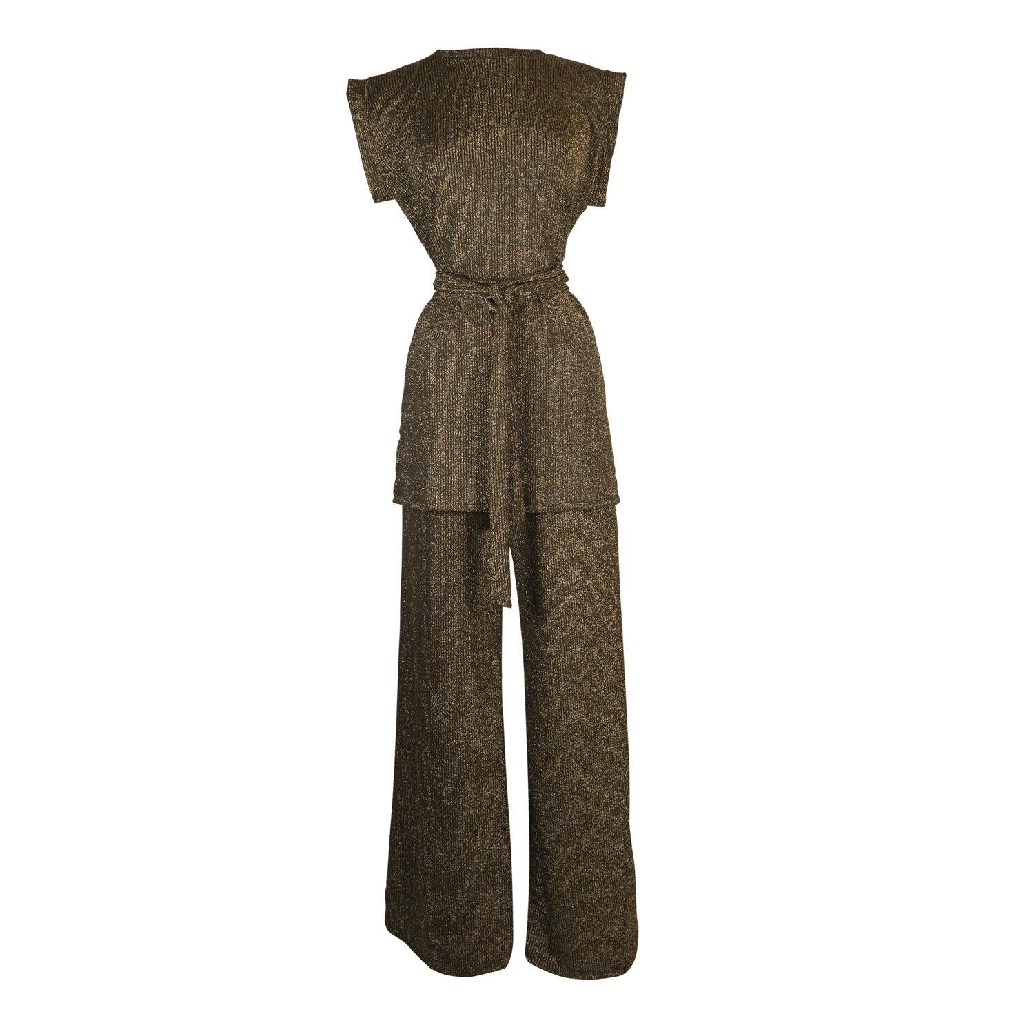 Jennafer Grace Aura Gold Palazzo Pant in flowing fabric, styled with a matching tunic, flat shoes, ideal for elegant casual wear.
