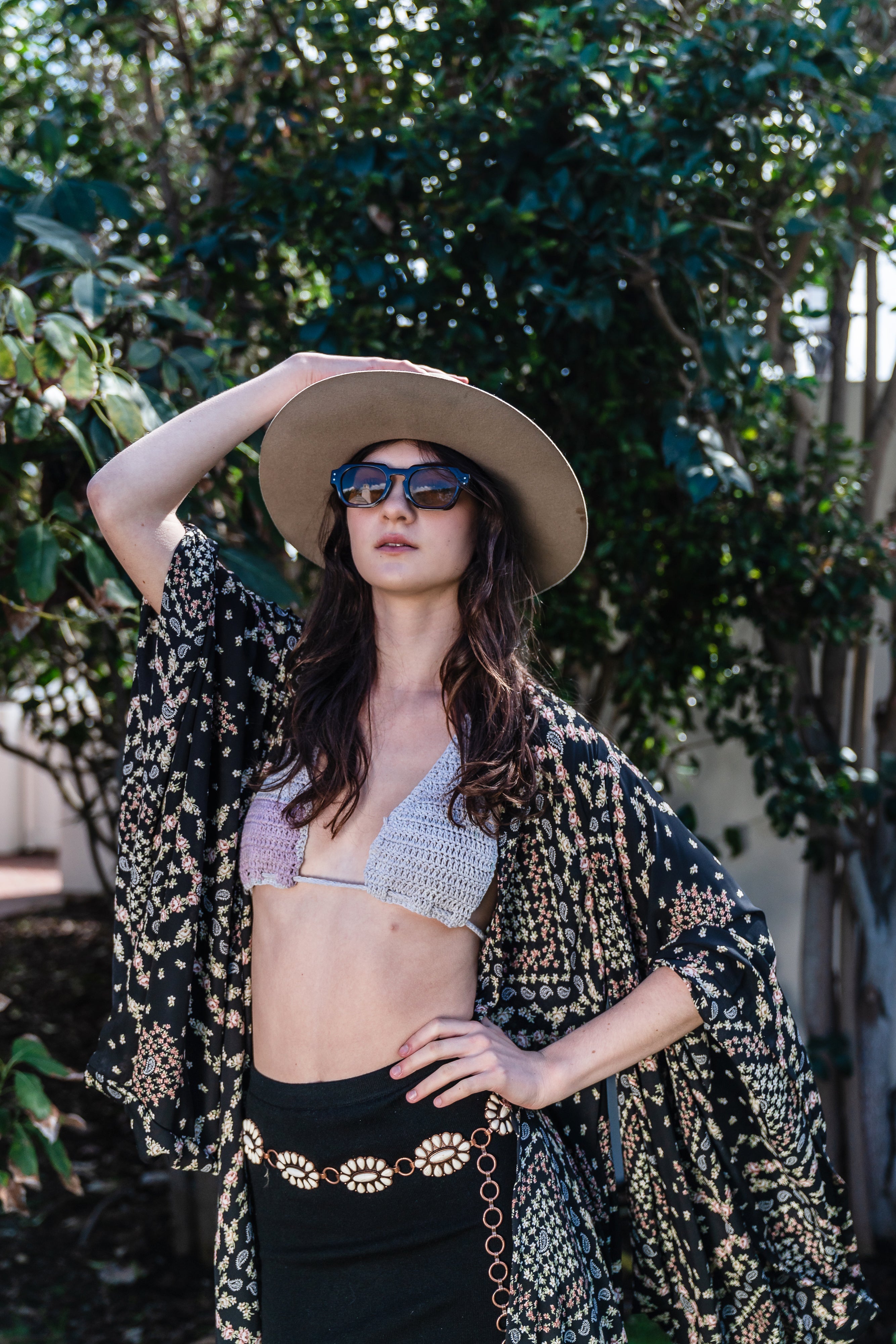 Handmade Antoinette Kimono by Jennafer Grace featuring crochet top design and flowing fabric, displayed on a mannequin.