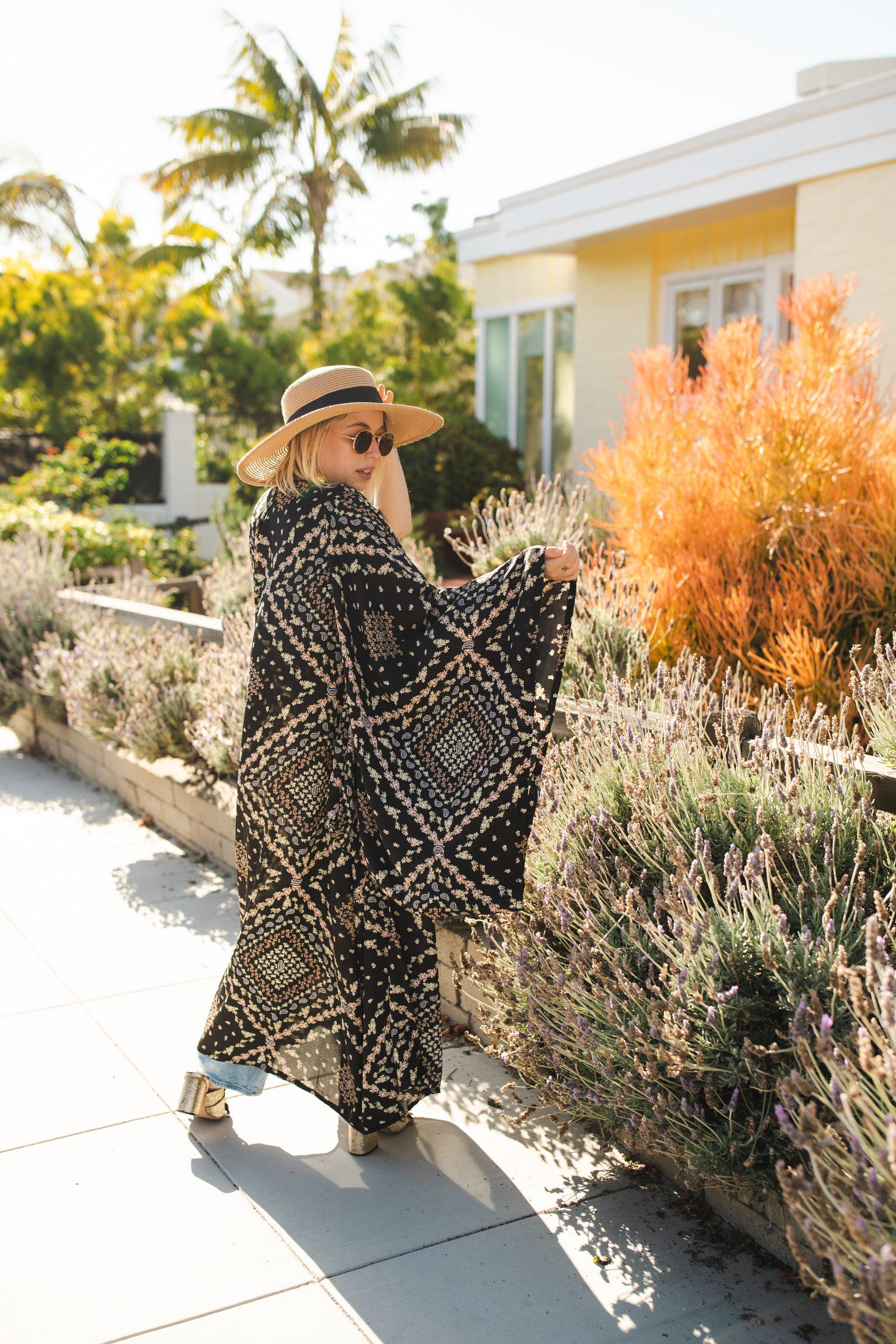 Handmade Antoinette Kimono by Jennafer Grace featuring intricate floral patterns and lightweight fabric.
