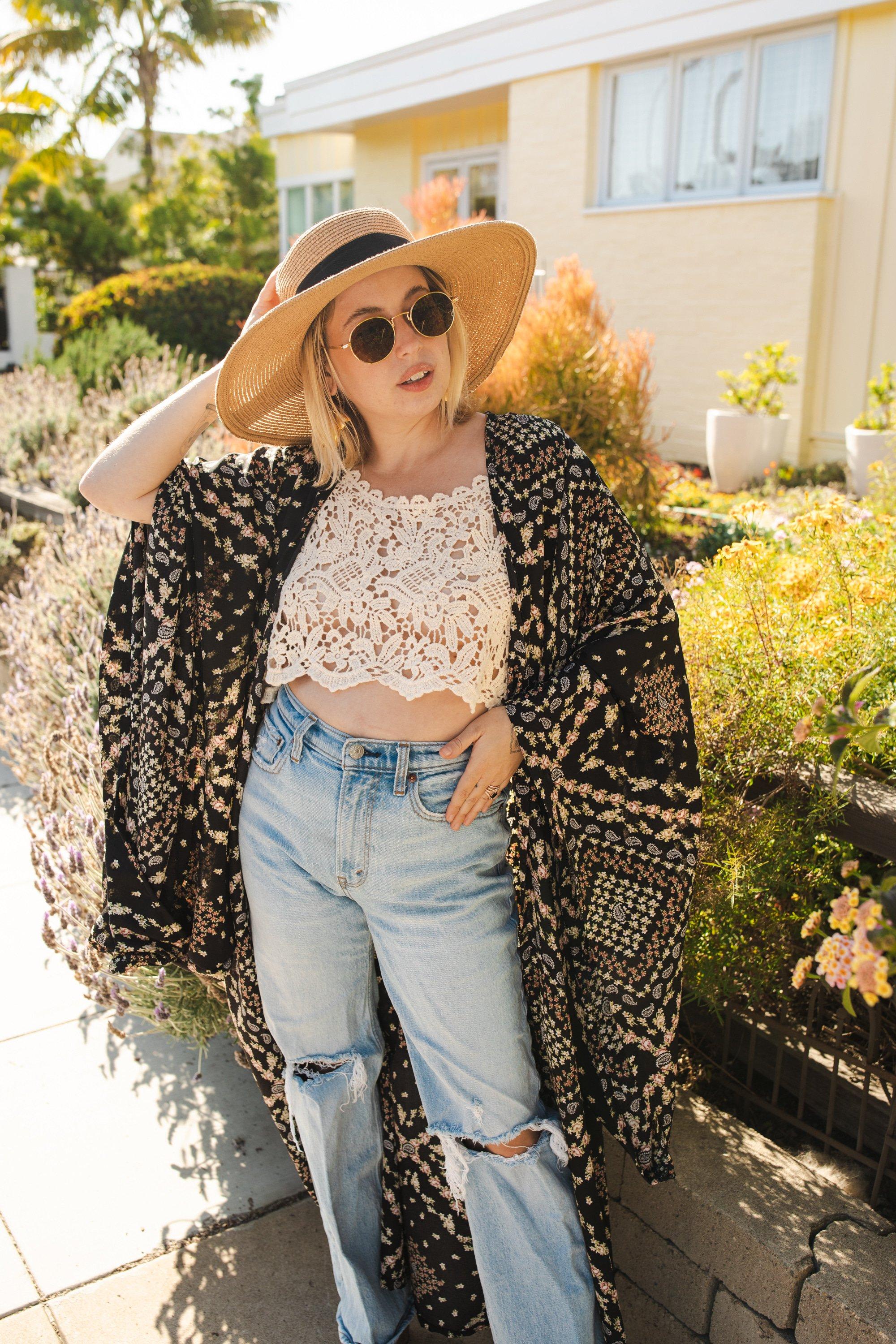 Handmade Antoinette Kimono by Jennafer Grace featuring intricate floral patterns and flowing fabric.