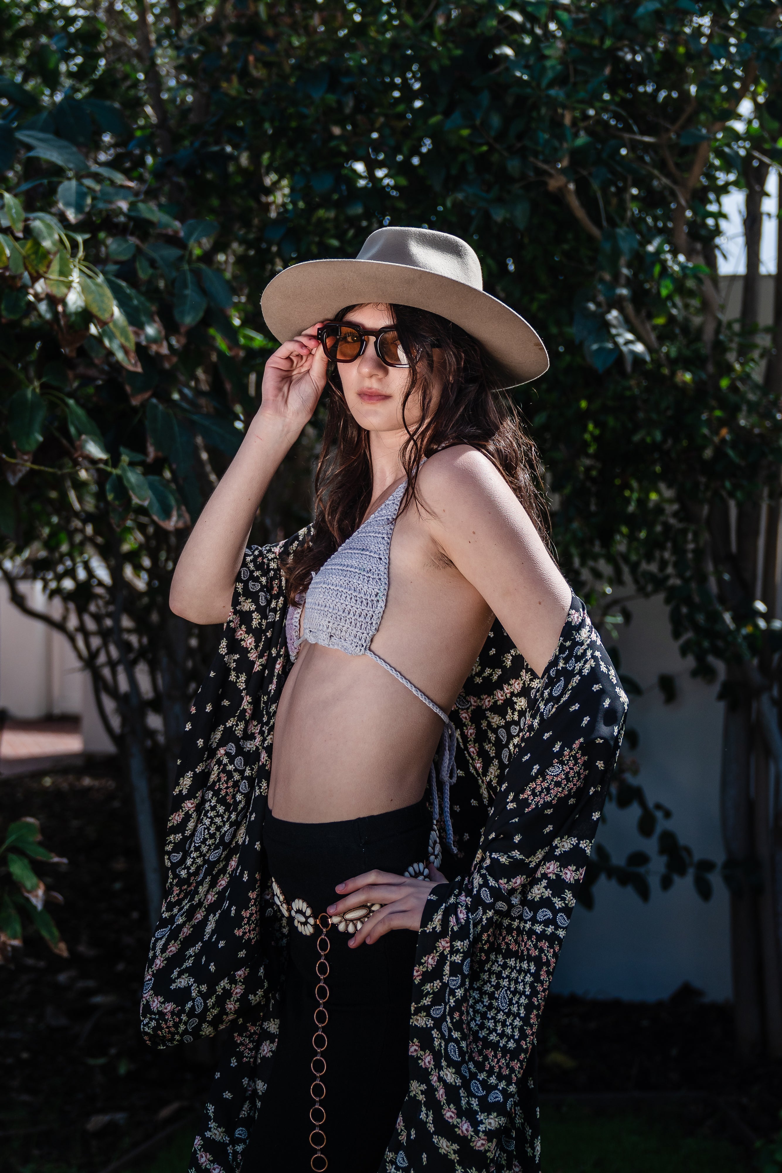 Handmade Antoinette Kimono by Jennafer Grace with stjaz crocheted top, flowing fabric and intricate crochet details.