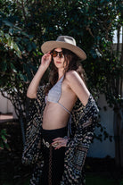 Handmade Antoinette Kimono by Jennafer Grace with stjaz crocheted top, flowing fabric and intricate crochet details.