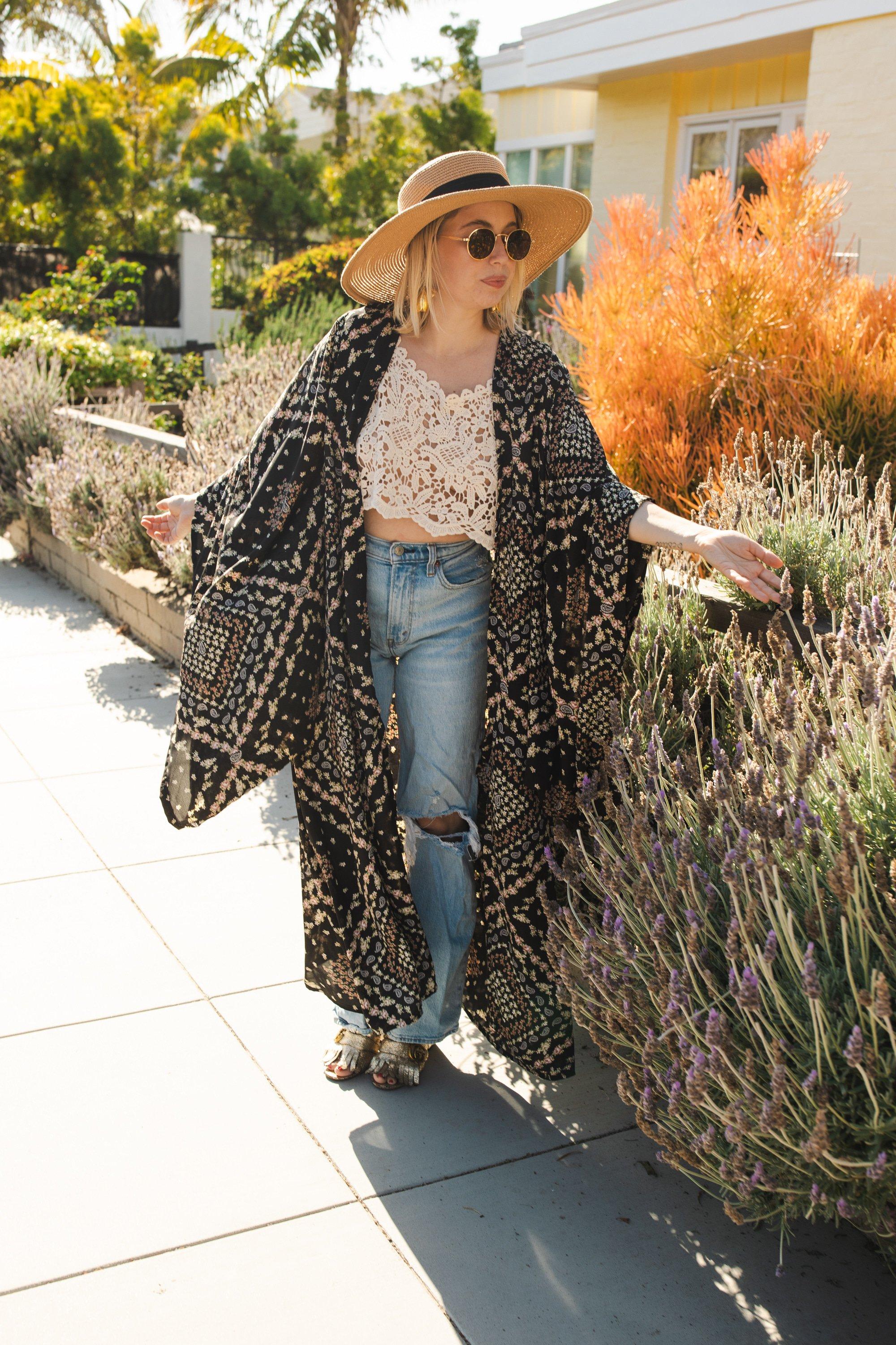 Handmade Antoinette Kimono by Jennafer Grace featuring delicate floral patterns and flowing fabric.