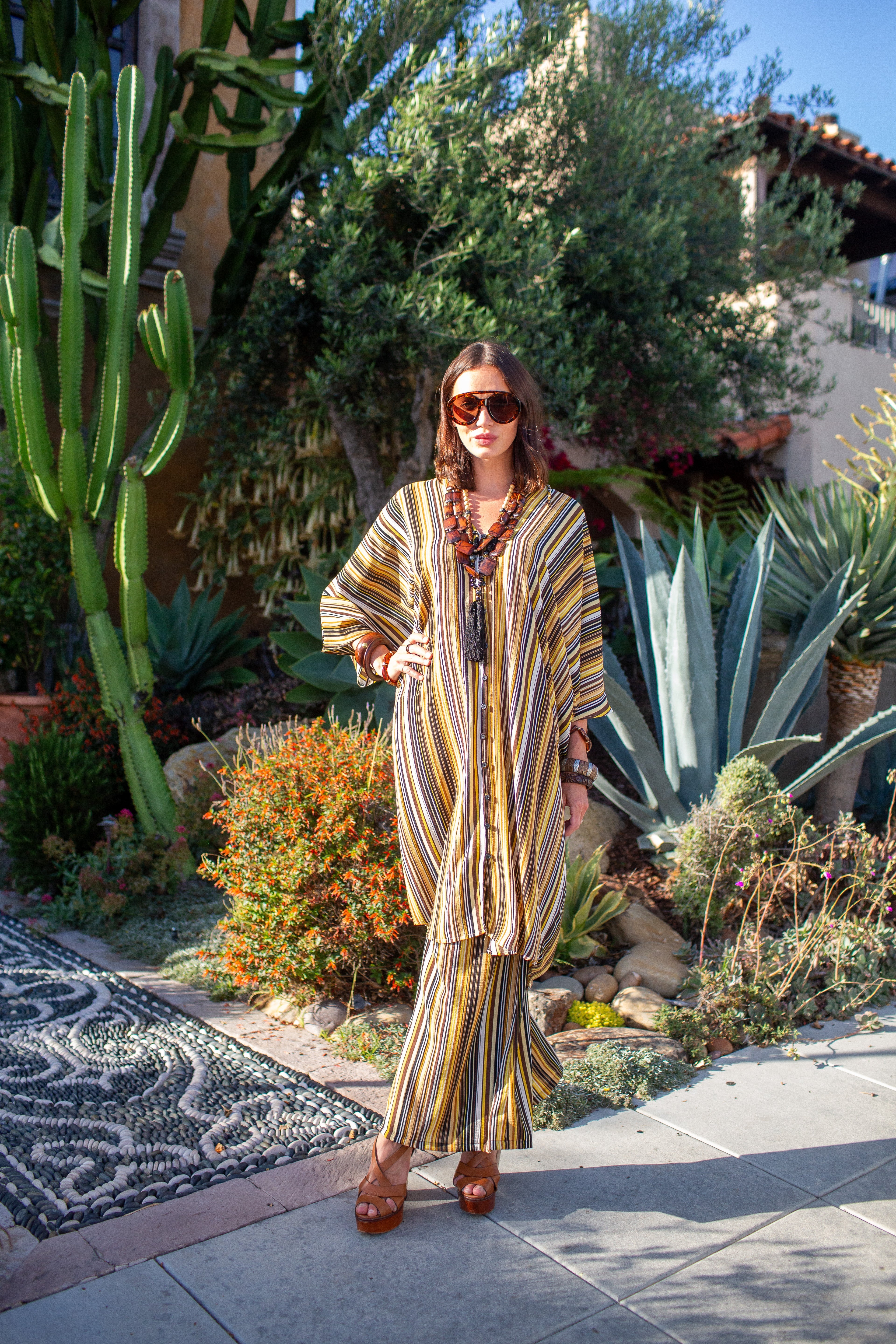 Bank striped tunic caftan set with matching palazzo pants by Jennafer Grace, featuring a relaxed fit and bold horizontal stripe pattern.