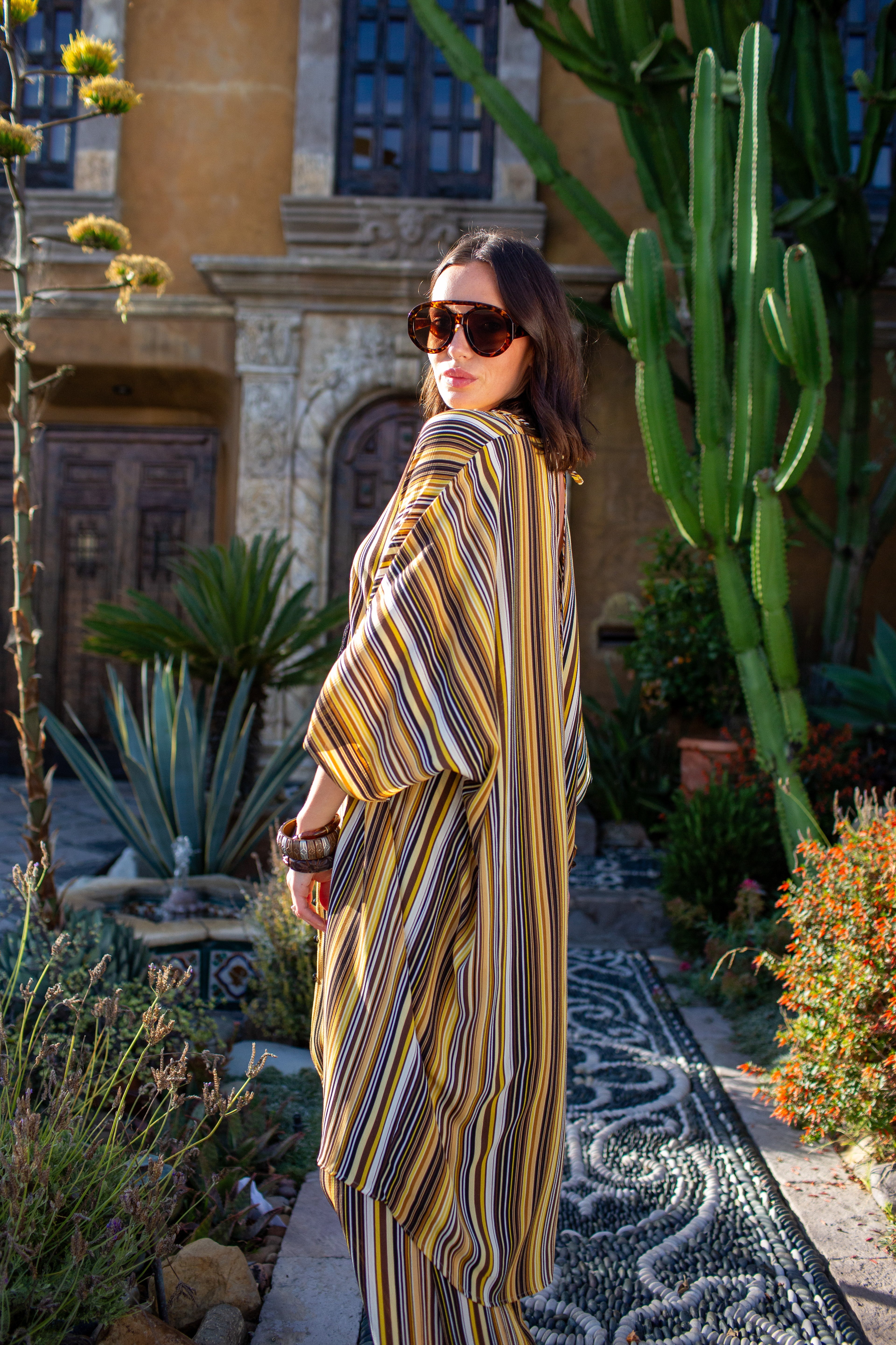 Bank striped tunic caftan set with matching palazzo pants by Jennafer Grace, featuring a relaxed fit and stylish design.