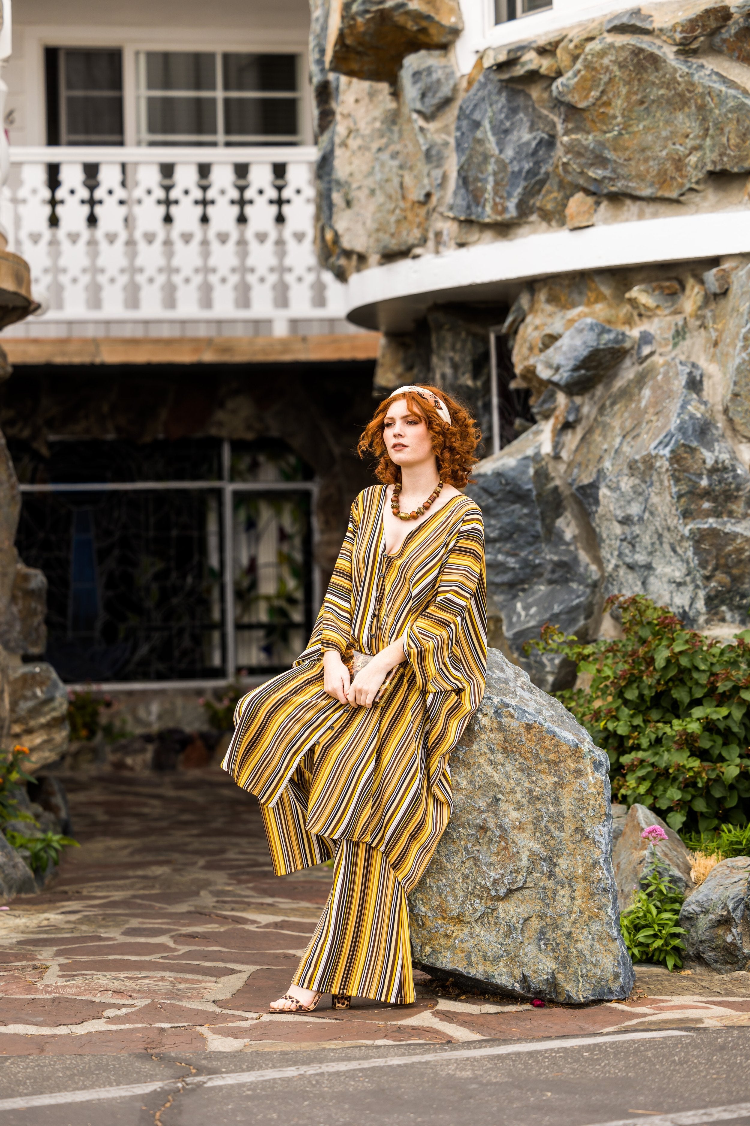Handmade Jennafer Grace striped tunic caftan set with bank-colored horizontal stripes and relaxed fit, displayed on a neutral background.