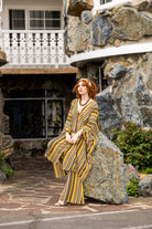 Handmade Jennafer Grace striped tunic caftan set with bank-colored horizontal stripes and relaxed fit, displayed on a neutral background.