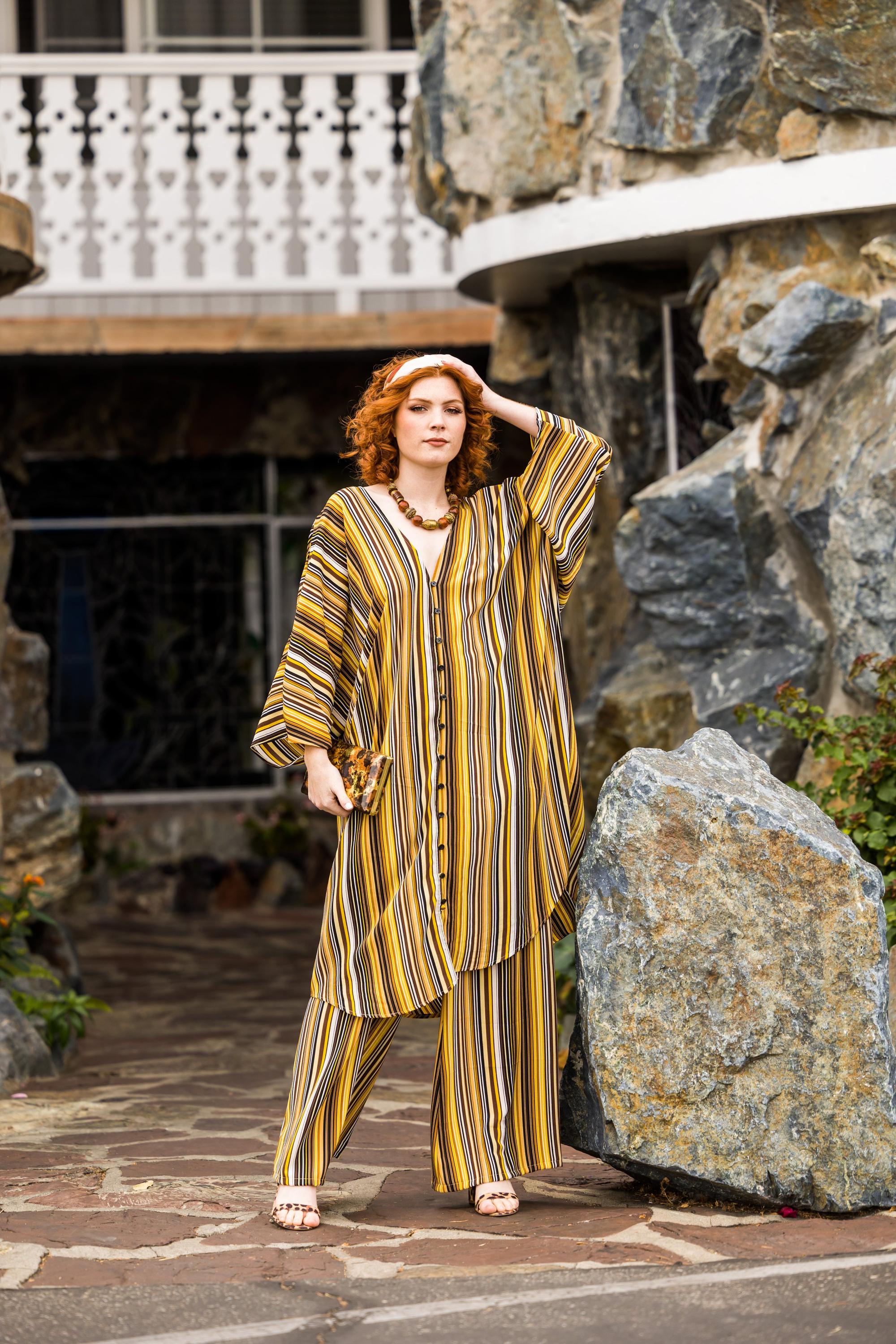 Handmade striped bank tunic and caftan set by Jennafer Grace, featuring relaxed fit, soft fabric, and stylish design.
