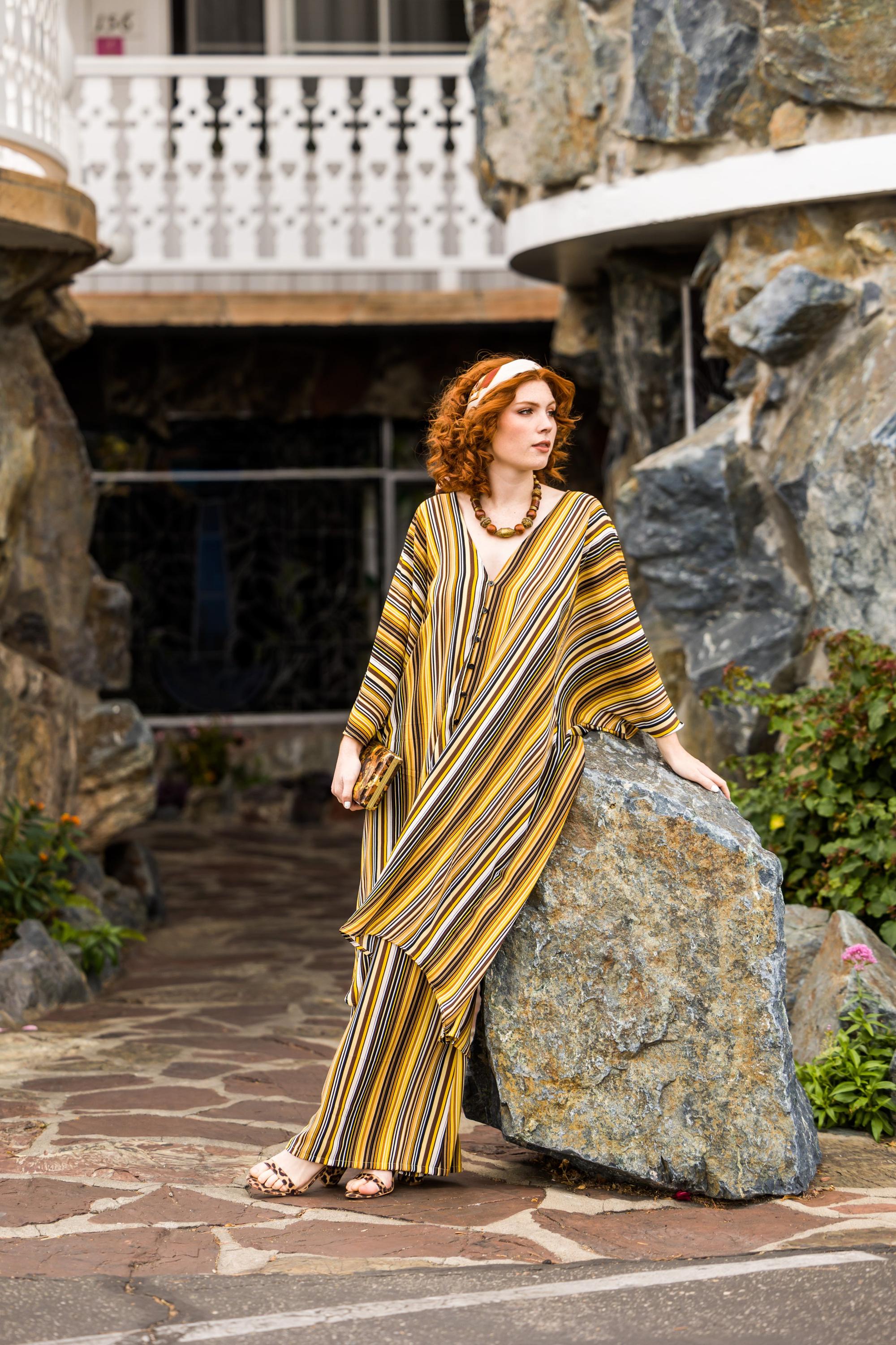 Handmade Jennafer Grace striped tunic and caftan set in bank-inspired colors, featuring relaxed, flowing fabric and casual style.