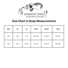Size chart image showing measurements for Jennafer Grace bank striped tunic caftan set in small, large, and extra-large sizes.