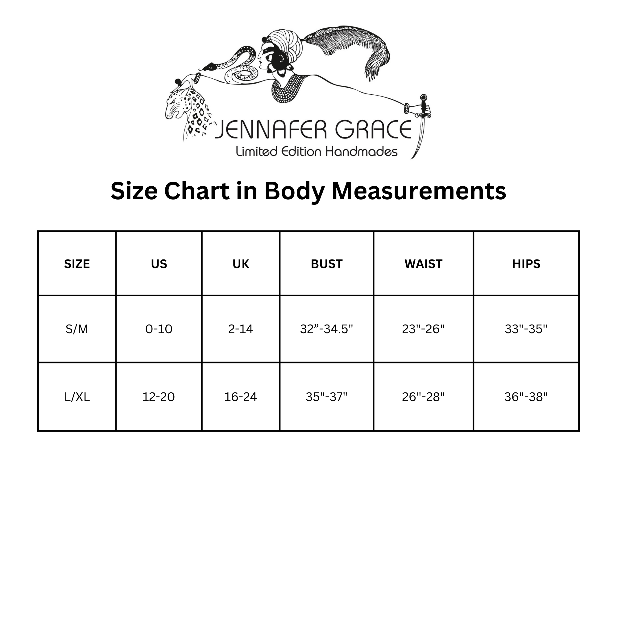 Size chart image showing measurements for Jennafer Grace bank striped tunic caftan set in small, large, and extra-large sizes.