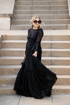 Black sequin lace ruffle dress by Jennafer Grace, featuring intricate lace details and elegant ruffle accents.