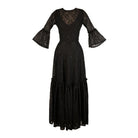 Black sequin lace ruffle dress by Jennafer Grace, featuring intricate lace details and elegant ruffle accents.