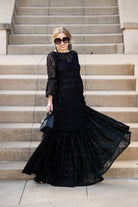 Black sequin lace ruffle dress by Jennafer Grace, featuring intricate lace details and elegant ruffle accents.