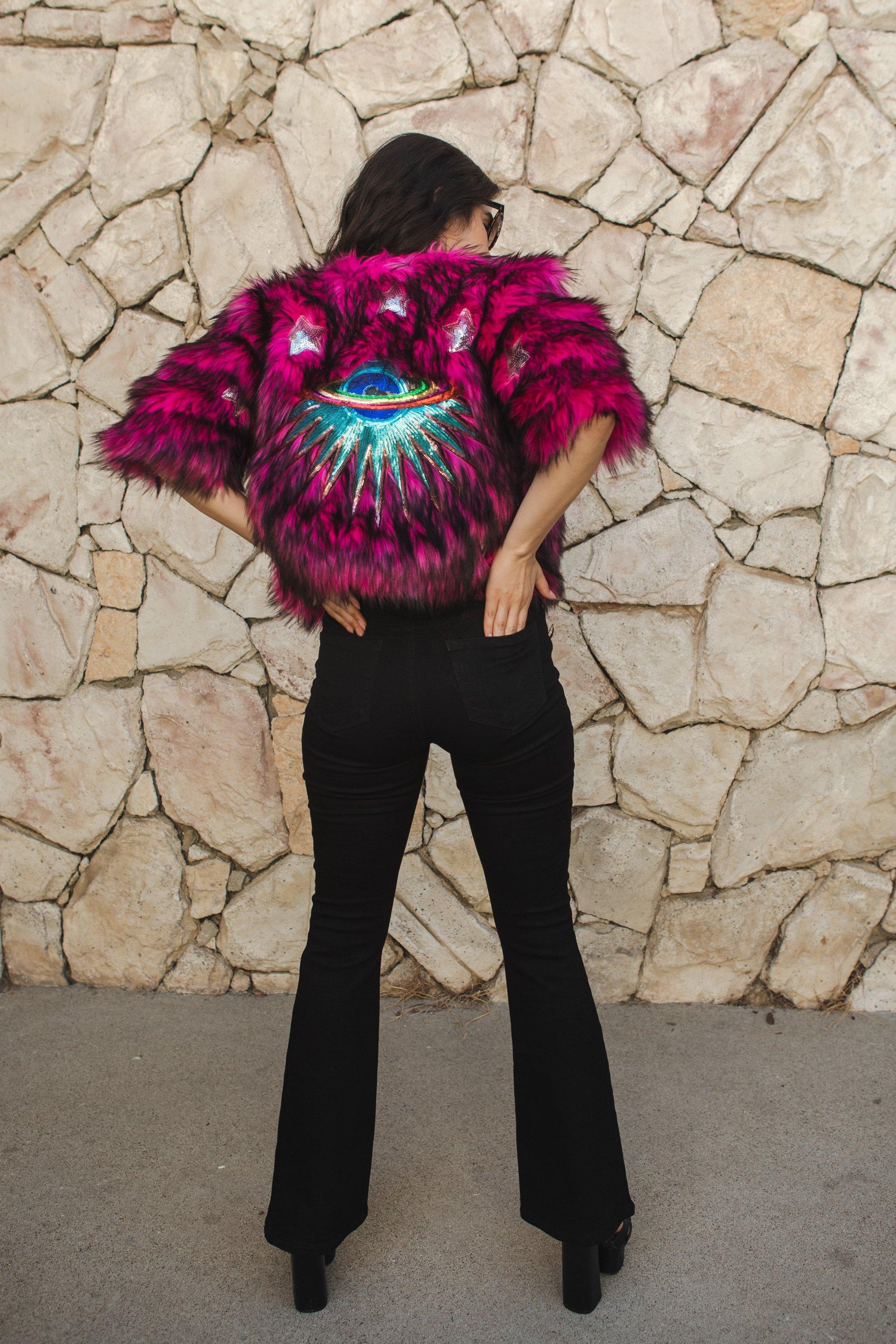 Jennafer Grace Planet Queen faux fur jacket in vibrant monster pink, handmade with plush textured fabric.