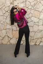 Jennafer Grace Planet Queen faux fur jacket in vibrant monster pink, handmade with plush pink fur and stylish design.