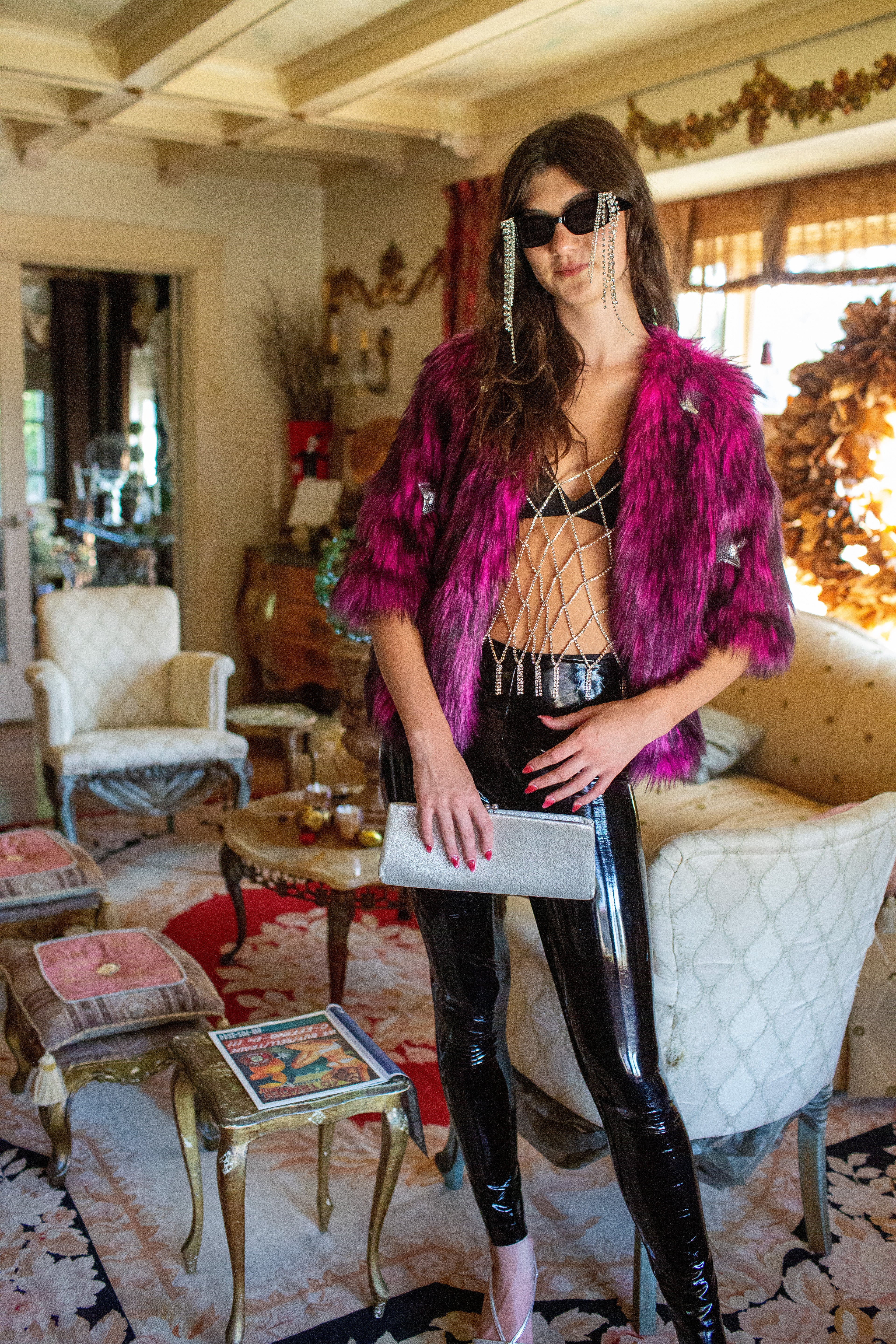 Jennafer Grace Planet Queen faux fur jacket in vibrant monster pink, featuring a plush, textured design perfect for stylish warmth.