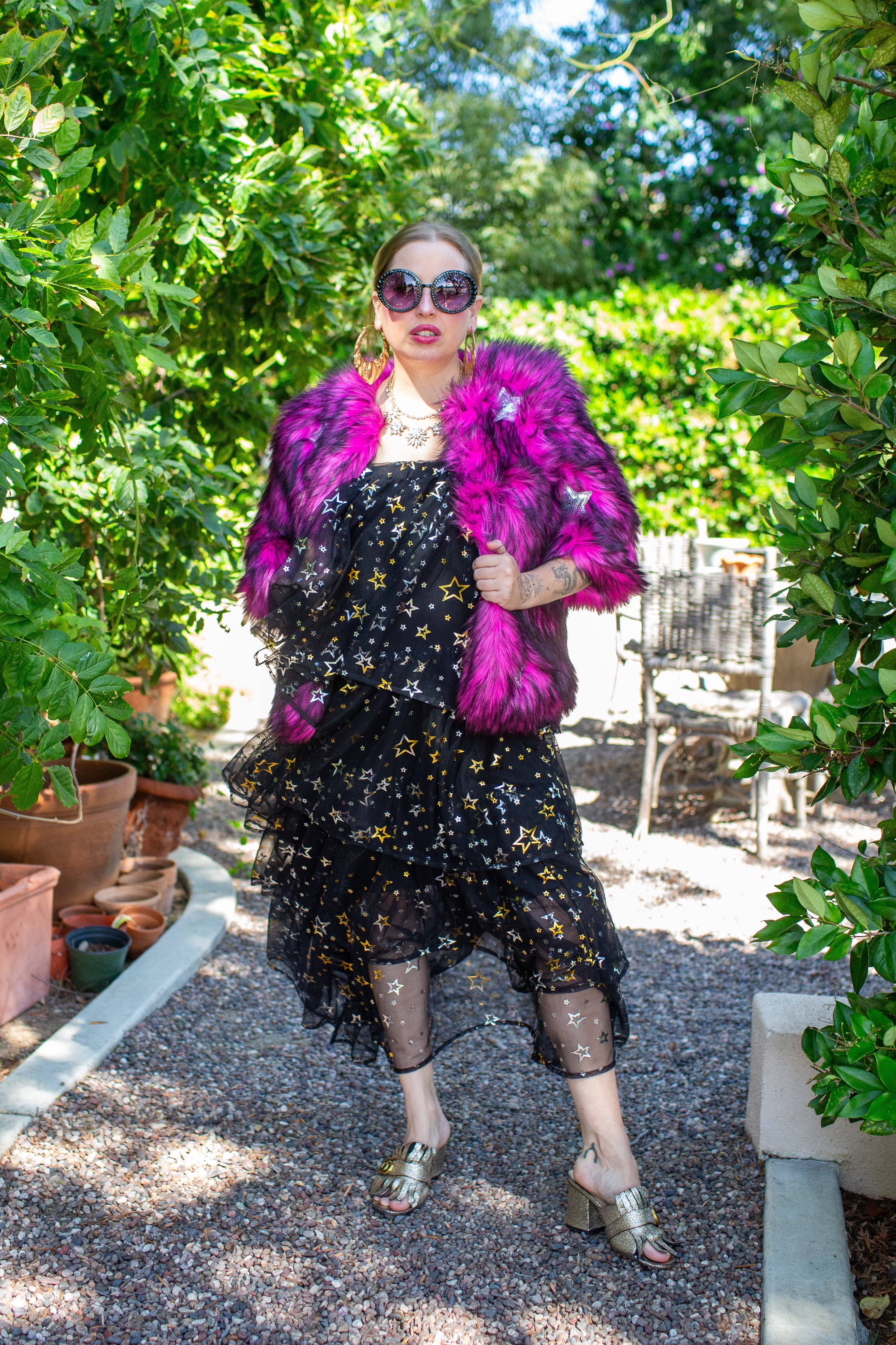 Planet Queen faux fur jacket in vibrant monster pink by Jennafer Grace, featuring a plush, stylish design.