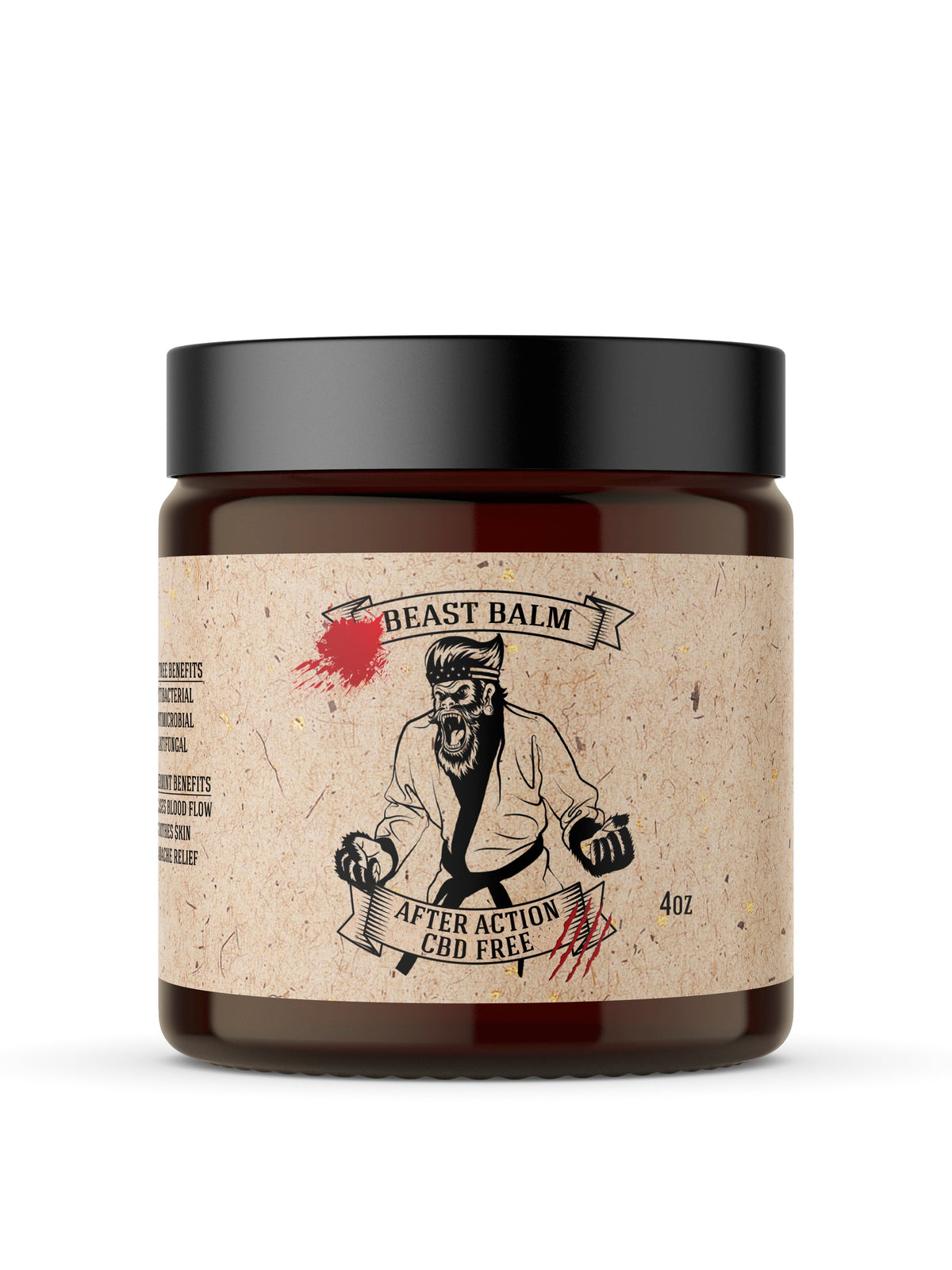 Johnny Slicks After Action Hemp-Free Beast Balm skincare product with a jar of balm showing the label and lid.