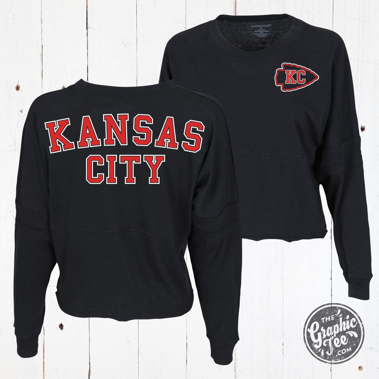 Black Kansas City Ladies Cropped Jersey LS Graphic Tee by The Graphic Tee, featuring a stylish, casual design for women.